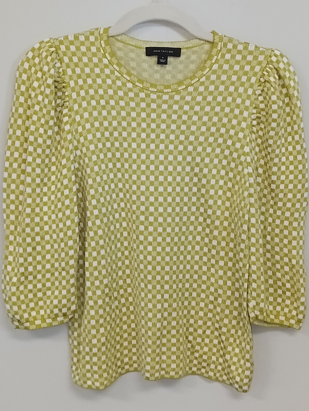 Ann Taylor Chartreuse Checked Puff Sleeve Crewneck Short Sleeve Sweater Top M